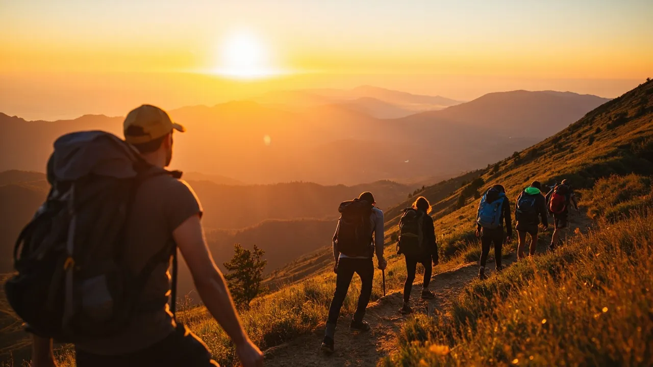 Reisende mit Rucksäcken auf einem Bergpfad im goldenen Licht