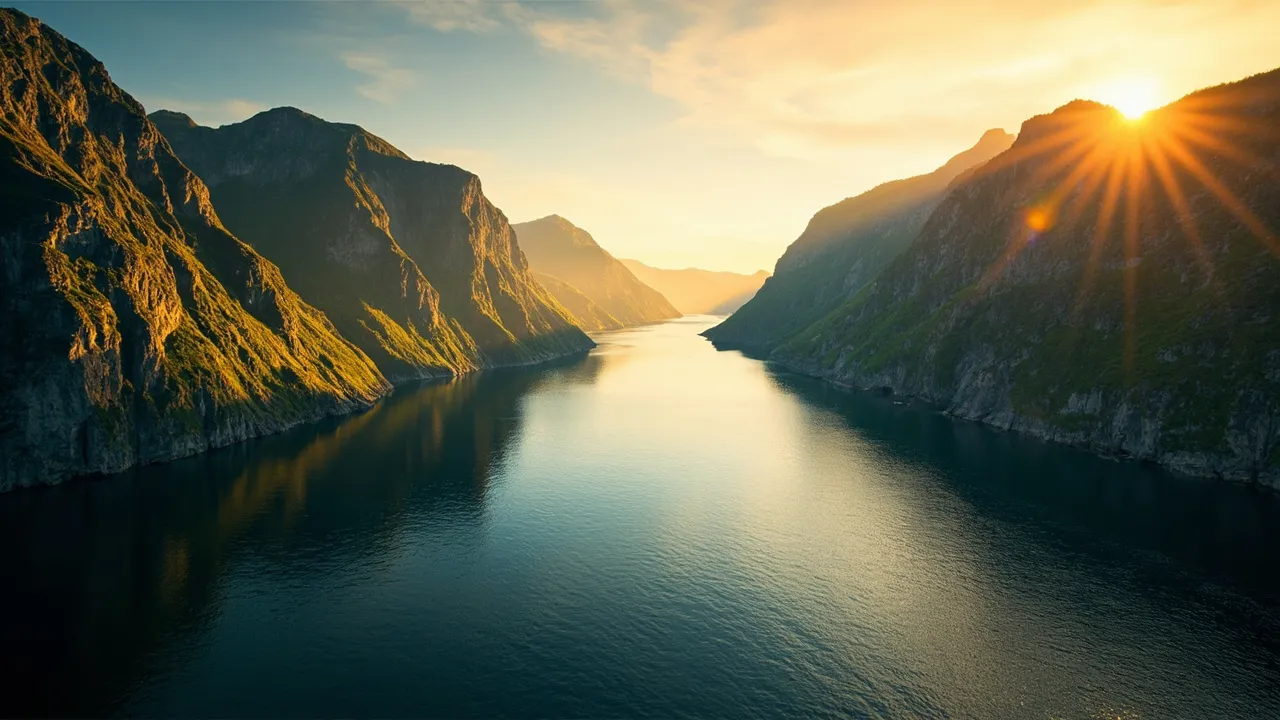 Dramatischer norwegischer Fjord mit grünen Klippen im goldenen Licht