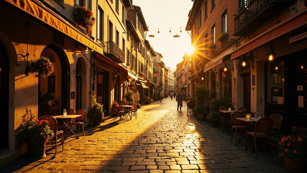 Charmante europäische Altstadtgasse mit Cafés im warmen Abendlicht