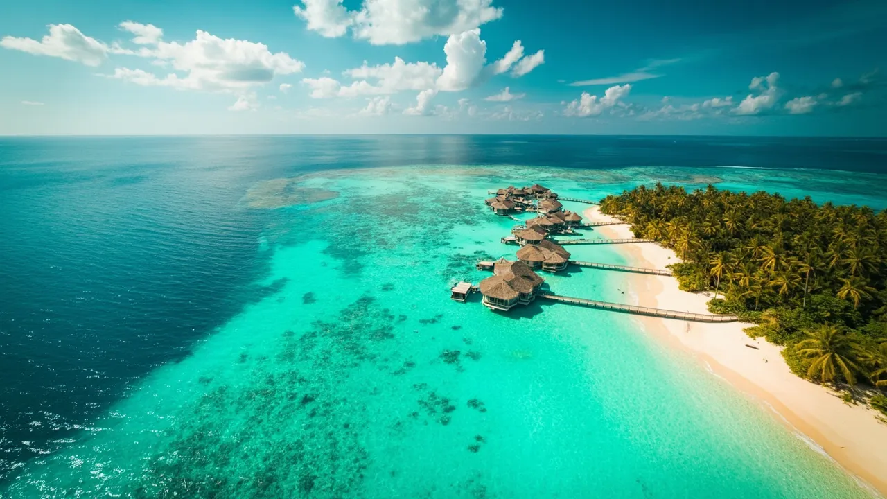 Tropische türkise Lagune mit Palmen und Überwasser-Bungalows von oben