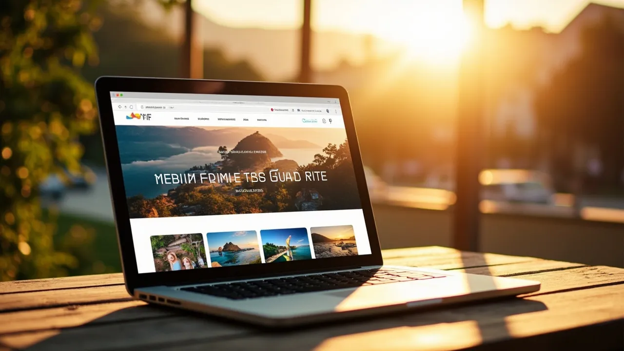 Symbolbild: ein Smartphone zeigt eine Reise-Website mit großem Landschaftsbild, im Hintergrund eine weite Berglandschaft